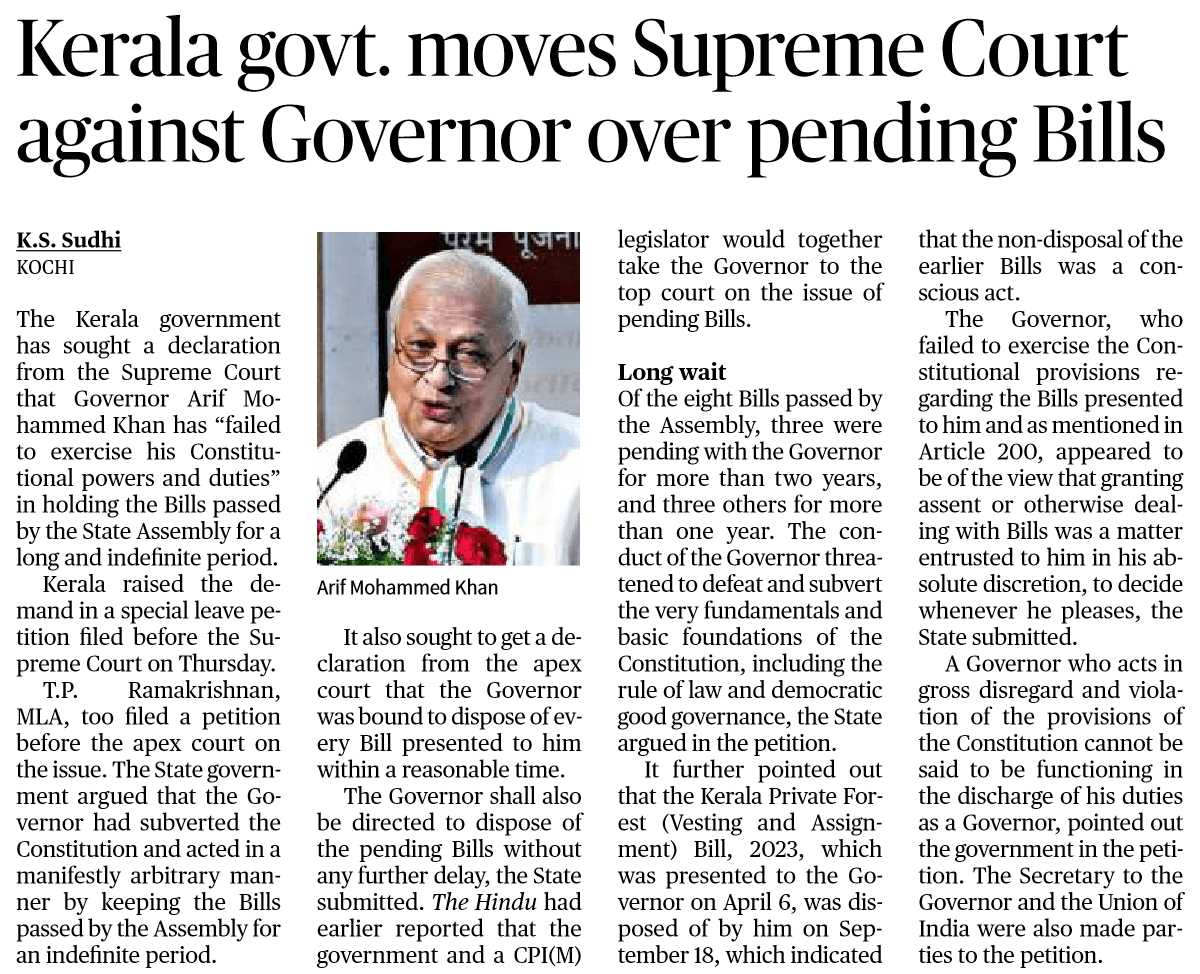 Kerala govt. moves Supreme Court against Governor over pending Bills - Page No.1, GS 2