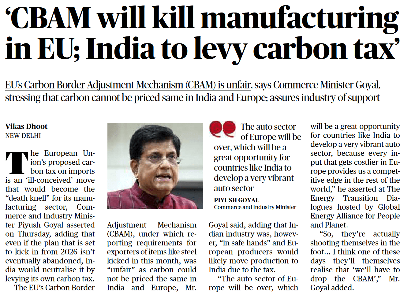 CBAM will kill manufacturing in EU; India to levy carbon tax - Page No.16, GS 3