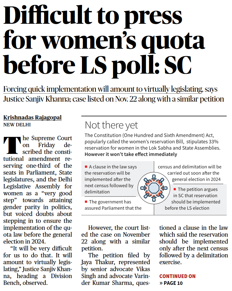Difficult to press for women's quota before LS poll - Page No.1 , GS 2