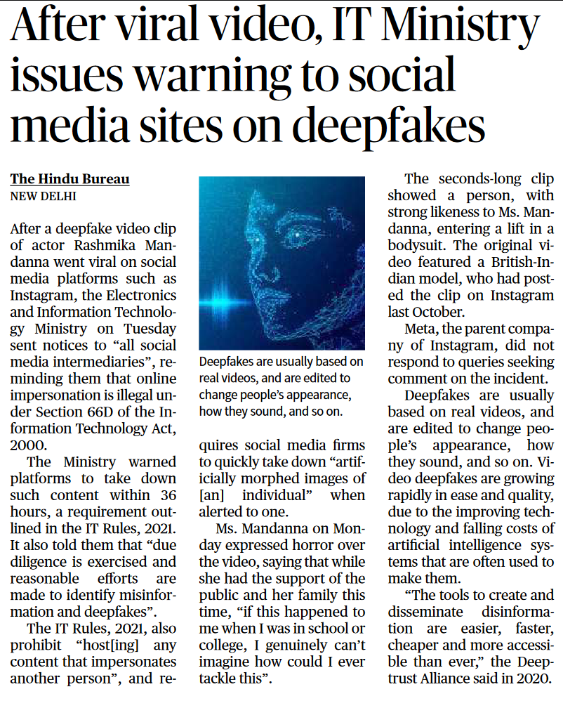 IT Ministry issues warning to social media sites on deepfakes - Page No.14, GS 2