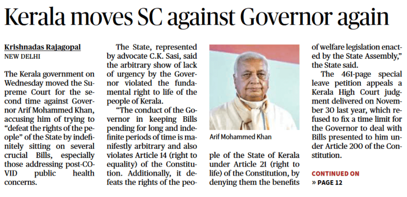 Kerala moves SC against Governor again - Page No.1, GS 2 G-7 - Page No.1 , GS 2