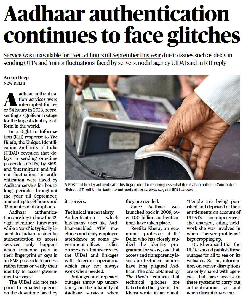 Aadhaar authentication continues to face glitches - Page No.14, GS 2