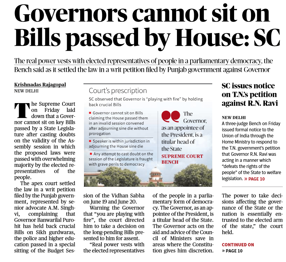 Governors cannot sit on Bills passed by House: SC -  Page No.1 , GS 2