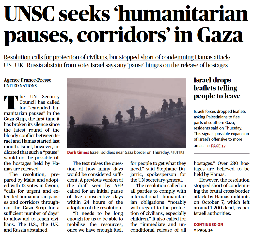 UNSC seeks 'humanitarian pauses, corridors' in Gaza - Page No.1 , GS 2