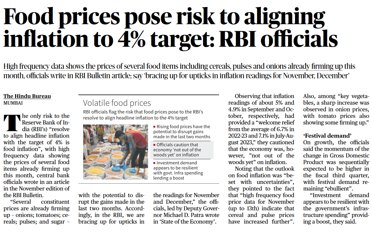 Food prices pose risk to aligning inflation to 4% target: RBI officials - Page No.18, GS 3