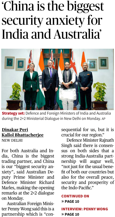 'China is the biggest security anxiety for India and Australia' - Page No.1 , GS 2