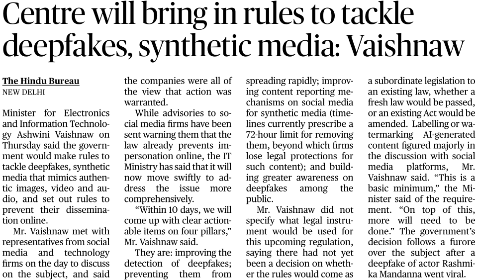 Centre will bring in rules to tackle deepfakes - Page No.12 , GS 3