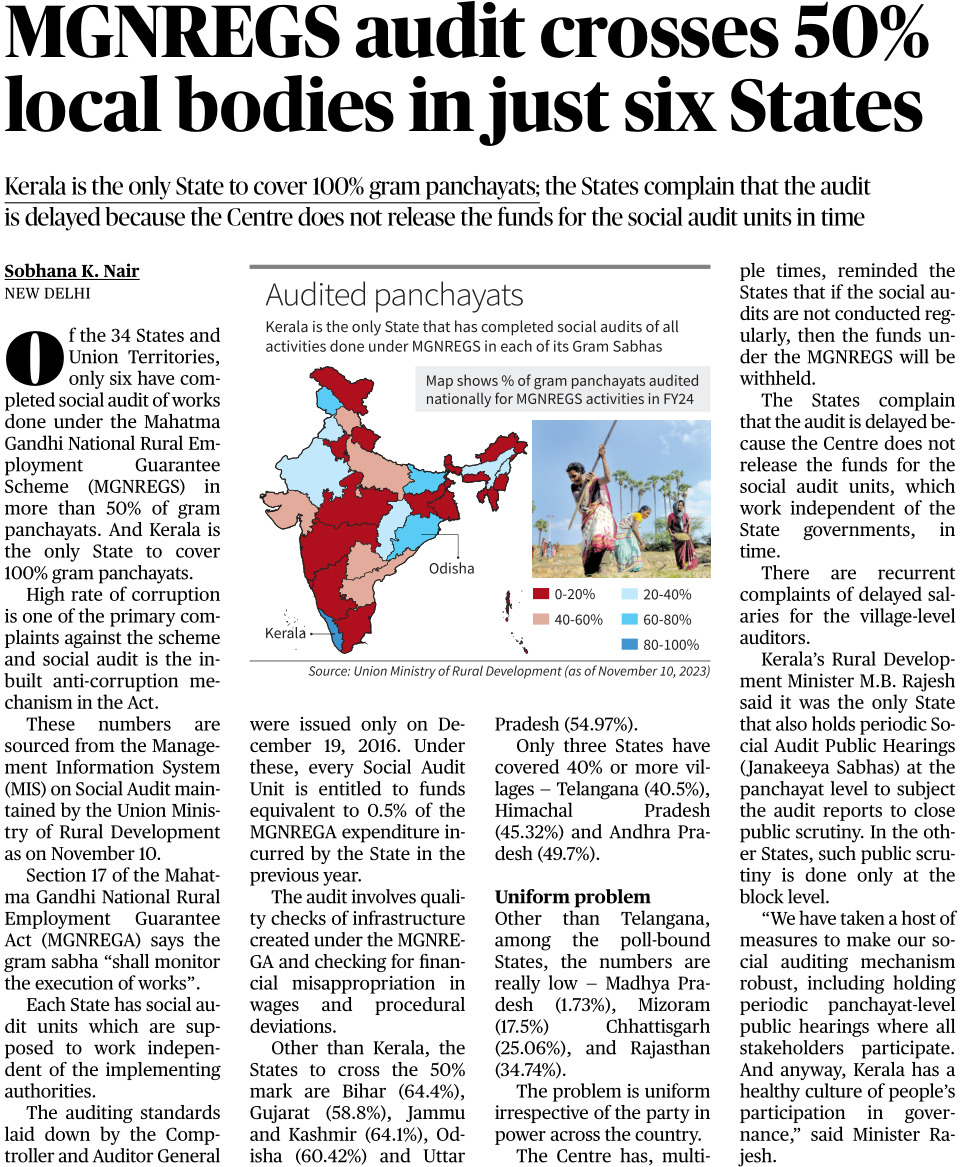 MGNREGS audit crosses 50% local bodies in just six States - Page No.14 , GS 3