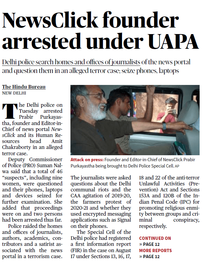 NewsClick founder arrested under UAPA