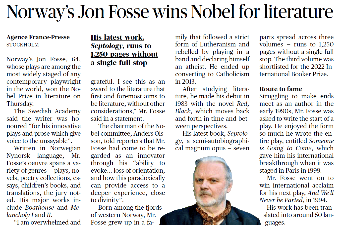 Norway's Jon Fosse wins Nobel for literature