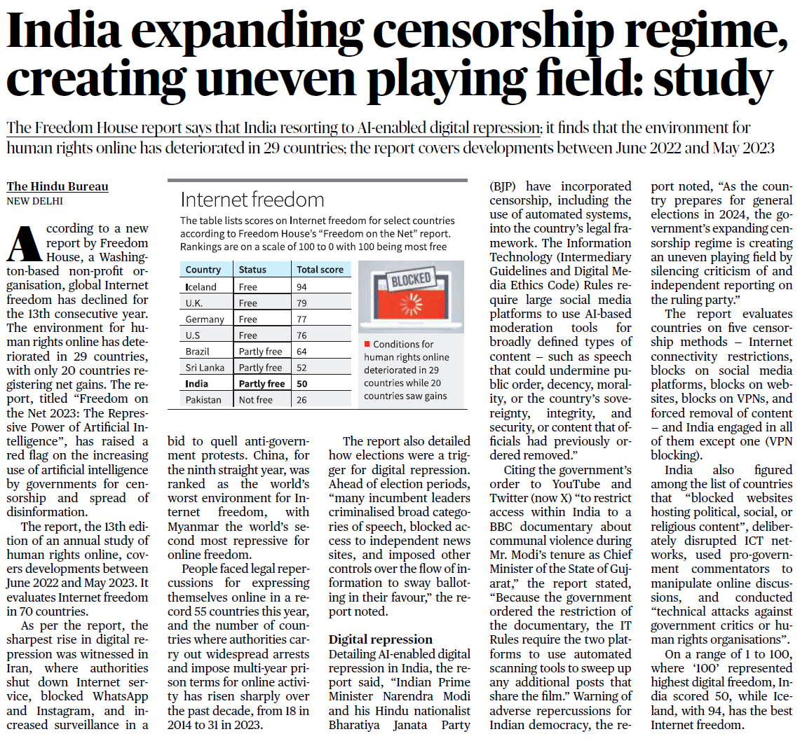 India expanding censorship regime, creating uneven playing field: study -
								Page No