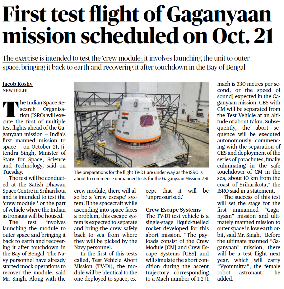 First test flight of Gaganyaan mission scheduled on Oct.
								21
