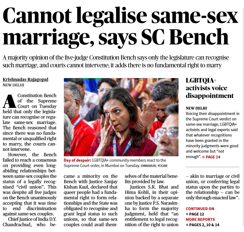 Cannot legalise same-sex marriage, says SC Bench - Page No. 1, GS 2