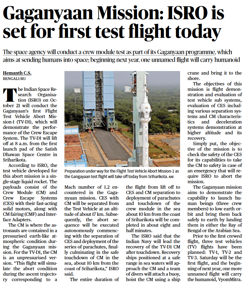 Gaganyaan Mission: ISRO is set for first test flight today - Page No. 12 ,GS 3