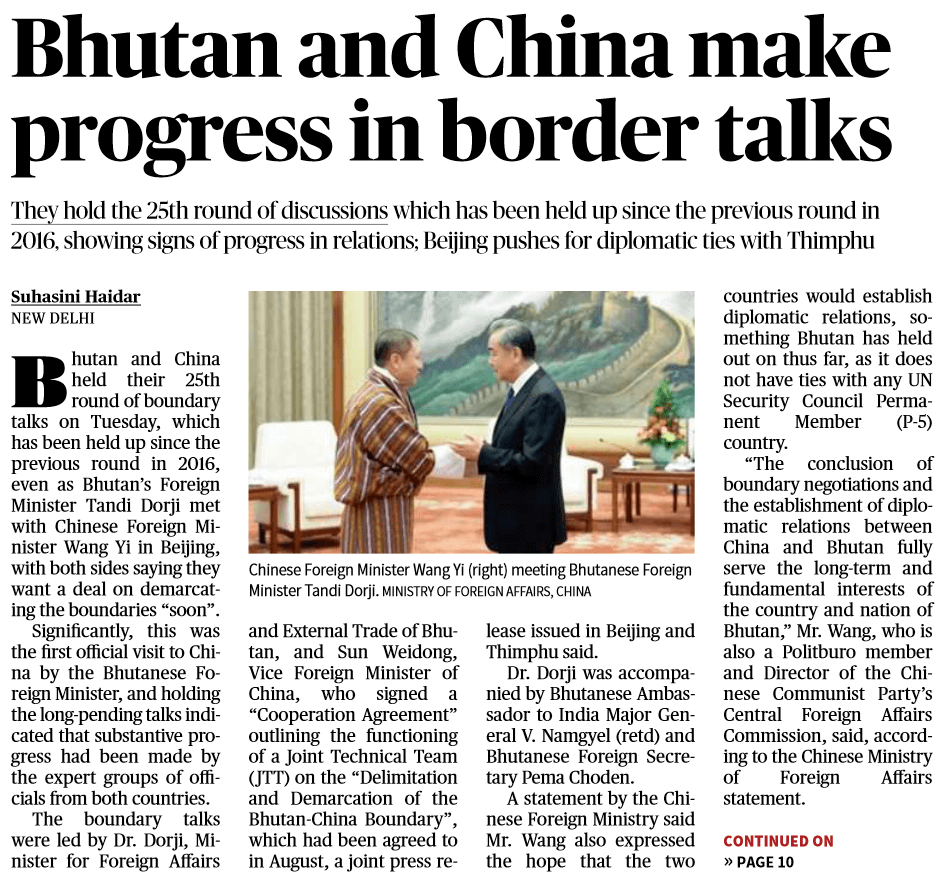 Bhutan and China make progress in border talks - Page No.1, GS 2