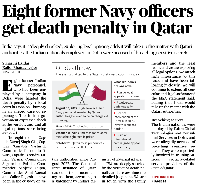 Eight former Navy officers get death penalty in Qatar- Page No.1, GS 2