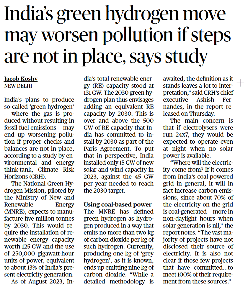 India's green hydrogen move may worsen pollution if steps are not in place, says study- Page No.16, GS 3