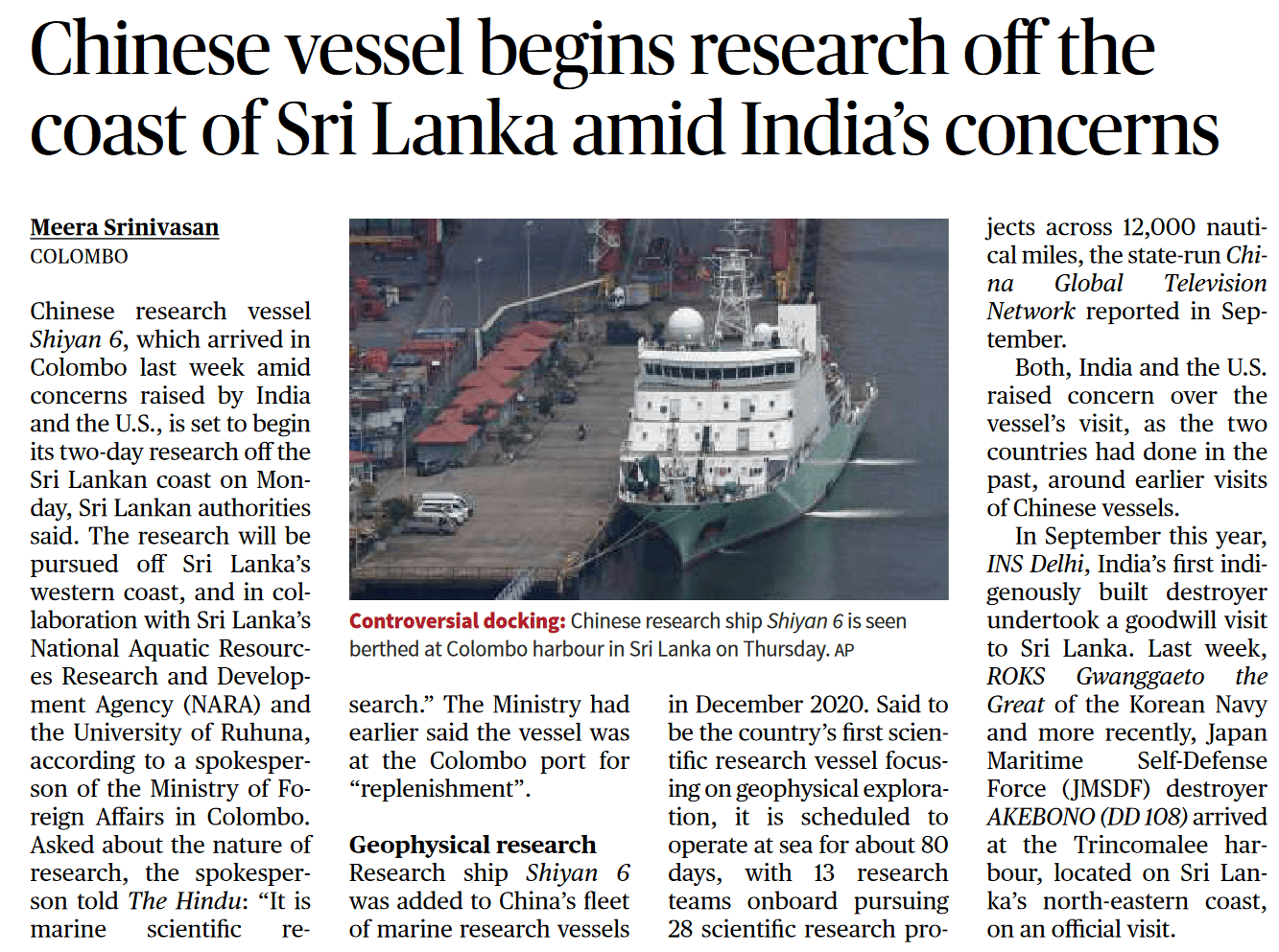 Chinese vessel begins research off the coast of Sri Lanka- Page No.16, GS 2